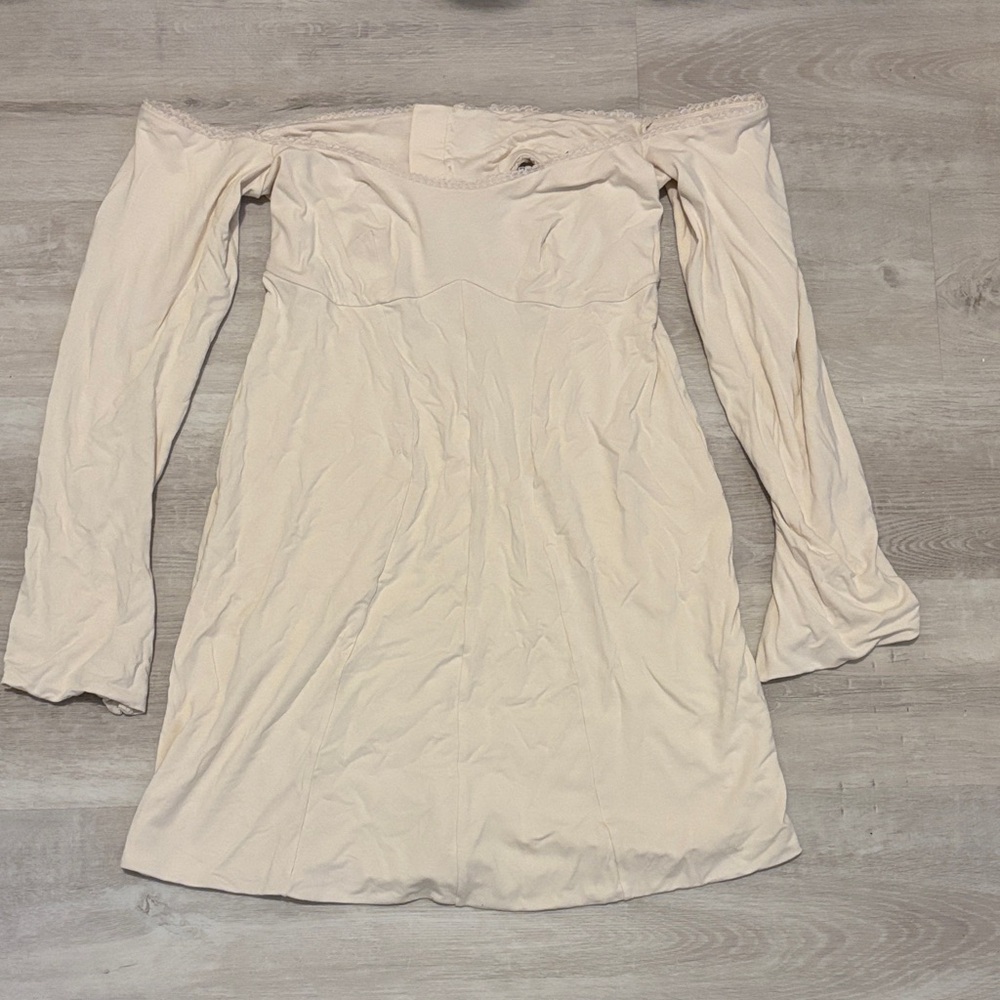 Oh Polly Off-Shoulder Long Sleeve Cream Mini Dress